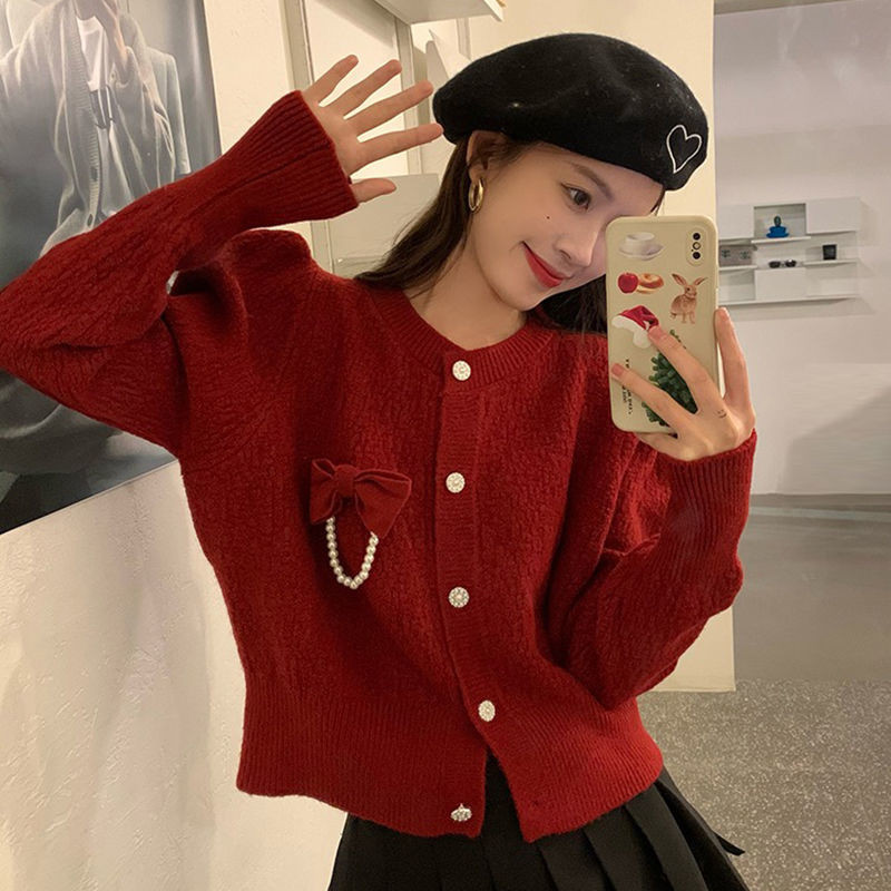 Ženski kardigan s mašnom i elegantnim dizajnom Jednobojni ženstveni Popularni jednostavni, ljupki studentski džemper s O-izrezom Udobna pletenina za proljeće i jesen
