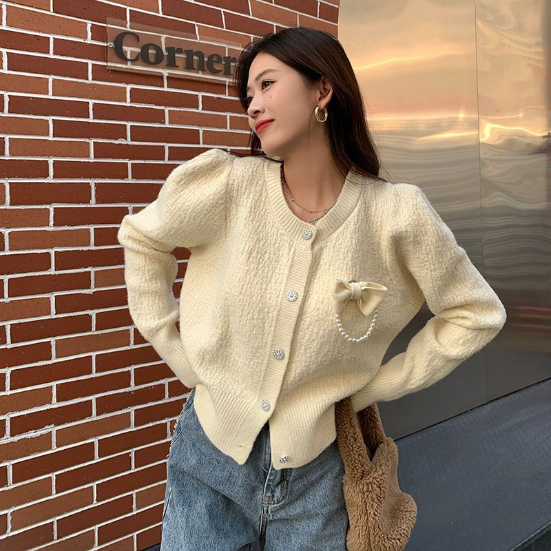 Ženski kardigan s mašnom i elegantnim dizajnom Jednobojni ženstveni Popularni jednostavni, ljupki studentski džemper s O-izrezom Udobna pletenina za proljeće i jesen