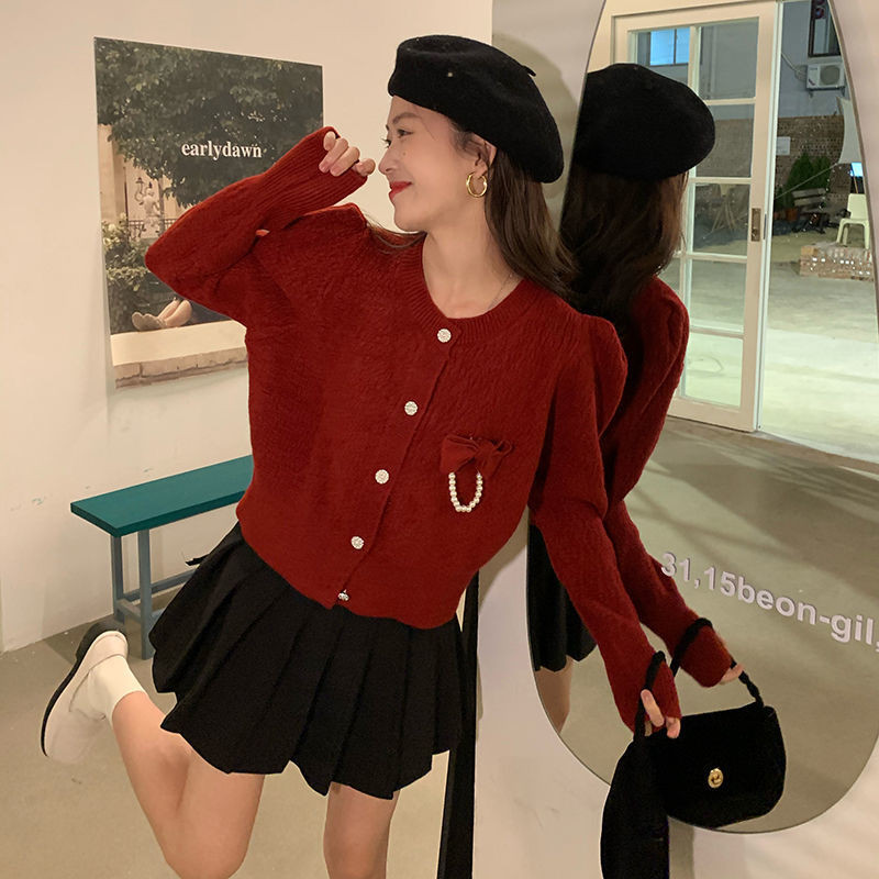 Ženski kardigan s mašnom i elegantnim dizajnom Jednobojni ženstveni Popularni jednostavni, ljupki studentski džemper s O-izrezom Udobna pletenina za proljeće i jesen