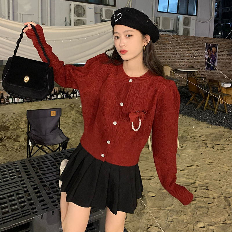 Ženski kardigan s mašnom i elegantnim dizajnom Jednobojni ženstveni Popularni jednostavni, ljupki studentski džemper s O-izrezom Udobna pletenina za proljeće i jesen