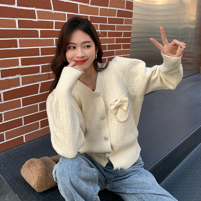 Ženski kardigan s mašnom i elegantnim dizajnom Jednobojni ženstveni Popularni jednostavni, ljupki studentski džemper s O-izrezom Udobna pletenina za proljeće i jesen