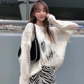 Γυναικείο πουλόβερ Φθινοπωρινή μακρυμάνικη τρύπα Χύμα Λεπτό Πλεκτό Σχέδιο Μόδας Πουλόβερ Μασίφ κούφιο Harajuku Mujer Chandails Retro