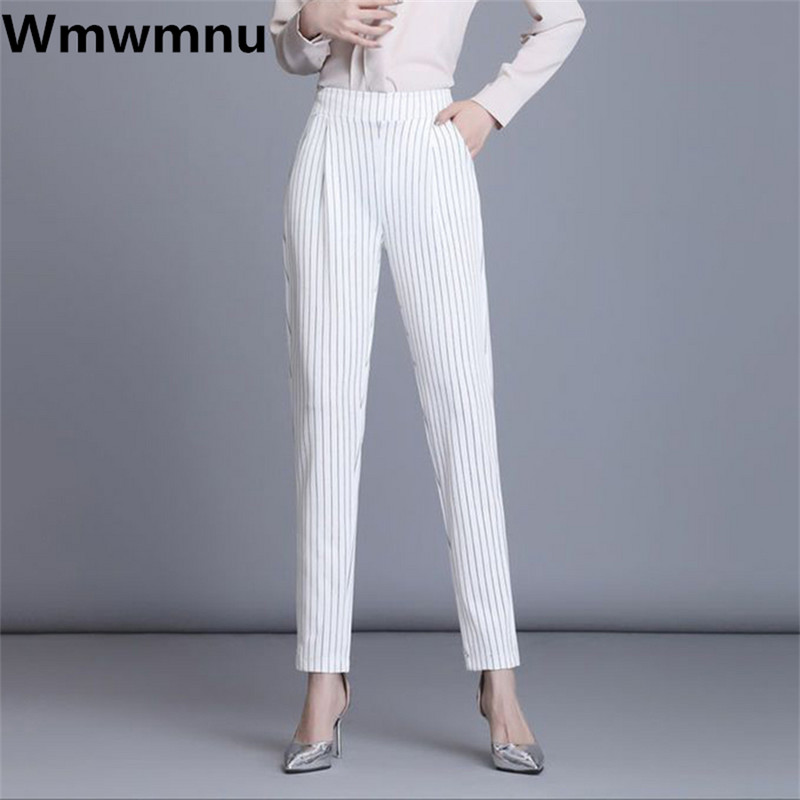 Korejske uredske hlače s olovkom na pruge Ženske ležerne uske hlače Visoke visine Svečane harem hlače Elegantne korejske spodnie 4xl Broek
