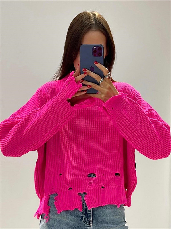 Πλεκτό πουλόβερ με σκισμένη τρύπα Γυναικείο πουλόβερ μακρυμάνικο μασίφ πουλόβερ Μπλούζες πουλόβερ