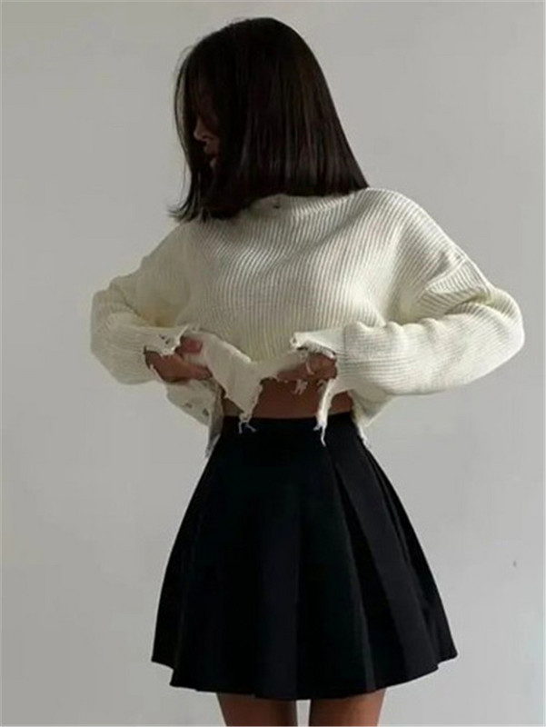 Πλεκτό πουλόβερ με σκισμένη τρύπα Γυναικείο πουλόβερ μακρυμάνικο μασίφ πουλόβερ Μπλούζες πουλόβερ