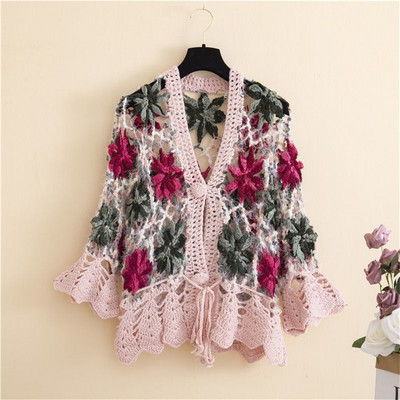 Vintažinis nertas megztinis moteriškas siuvinėjimas gėlėmis tuščiaviduriai nerti viršutiniai drabužiai Boho Retro megzti megztiniai, džemperiai