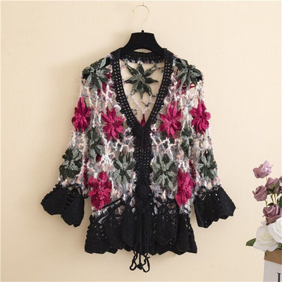 Vintažinis nertas megztinis moteriškas siuvinėjimas gėlėmis tuščiaviduriai nerti viršutiniai drabužiai Boho Retro megzti megztiniai, džemperiai