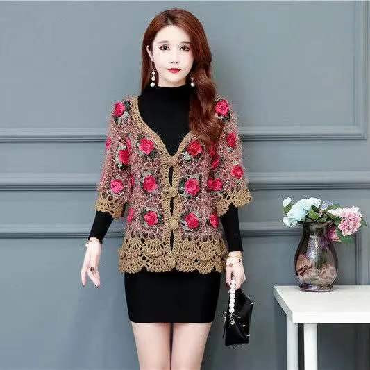 Vintažinis nertas megztinis moteriškas siuvinėjimas gėlėmis tuščiaviduriai nerti viršutiniai drabužiai Boho Retro megzti megztiniai, džemperiai