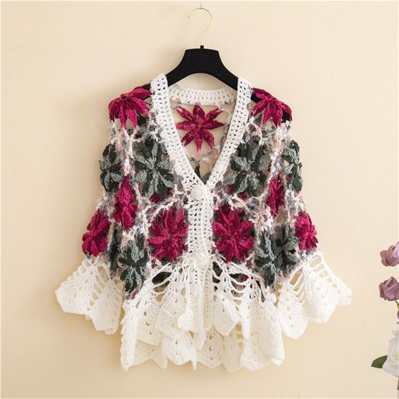 Vintažinis nertas megztinis moteriškas siuvinėjimas gėlėmis tuščiaviduriai nerti viršutiniai drabužiai Boho Retro megzti megztiniai, džemperiai