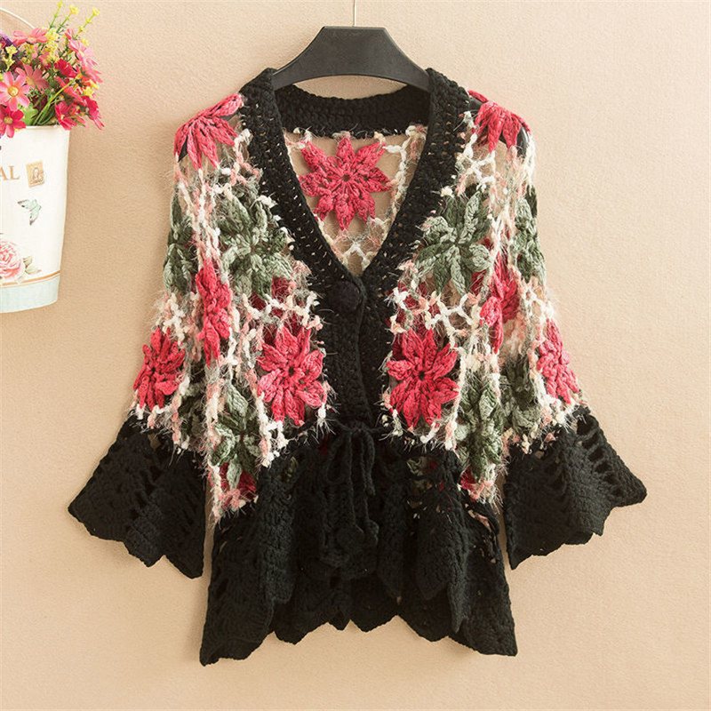 Vintažinis nertas megztinis moteriškas siuvinėjimas gėlėmis tuščiaviduriai nerti viršutiniai drabužiai Boho Retro megzti megztiniai, džemperiai