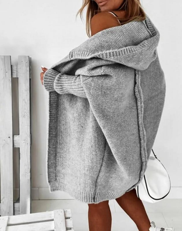 Moteriškas megztinis rudens žiemos atviras priekinės batwing rankovės su gobtuvu Elegantiškas megztinis ilgomis rankovėmis, prašmatnus, madingas kasdienis paltas