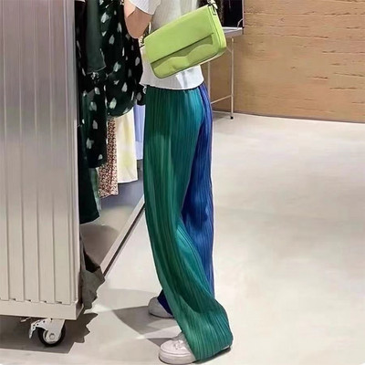 Kahevärvilised gradient laiad püksid 2023 kevadsuvi jääsiidist plisseeritud elastsed kõrge vöökohaga lahtised drapeed sirged püksid naiste püksid