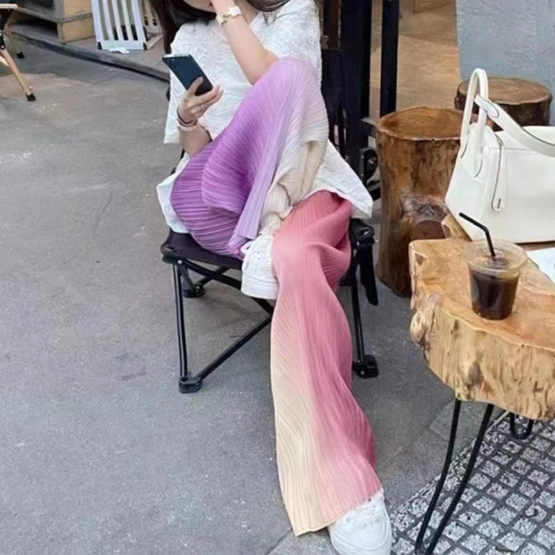 Kahevärvilised gradient laiad püksid 2023 kevadsuvi jääsiidist plisseeritud elastsed kõrge vöökohaga lahtised drapeed sirged püksid naiste püksid