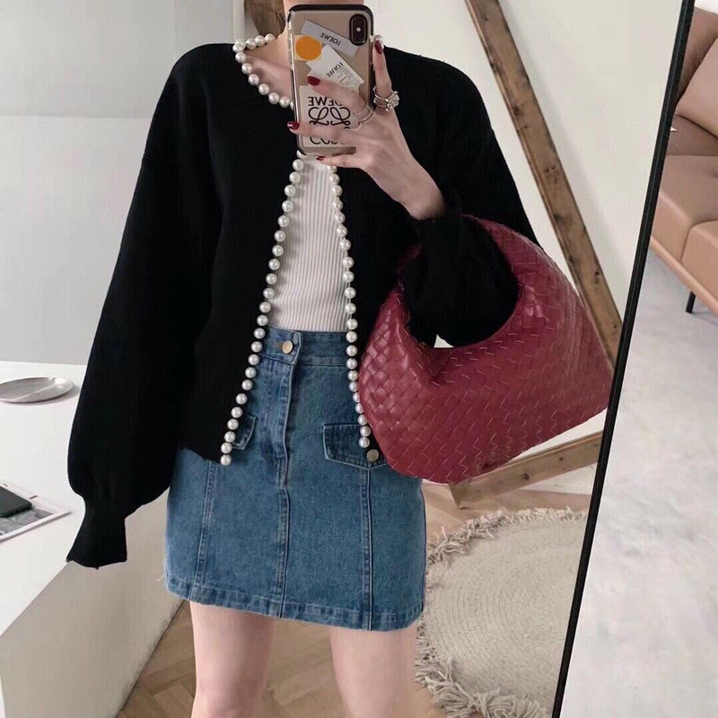 Ženski šik novi kardigan za pletenje s O ovratnikom Jesenski ženski modni biserni obrub dugih rukava Labavi topli, ležerni džemper kaput