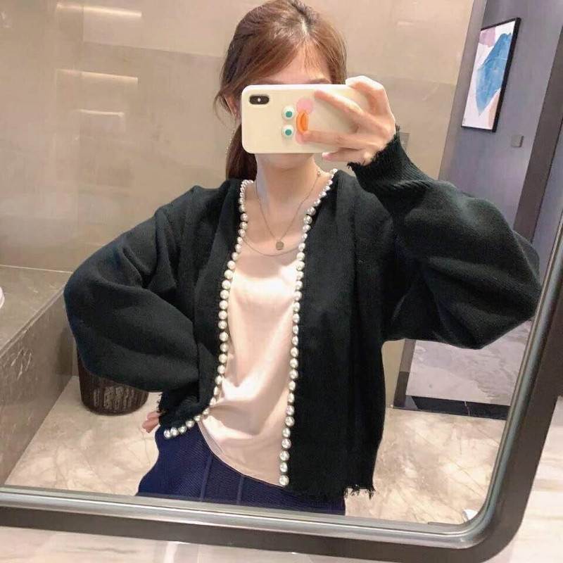 Ženski šik novi kardigan za pletenje s O ovratnikom Jesenski ženski modni biserni obrub dugih rukava Labavi topli, ležerni džemper kaput