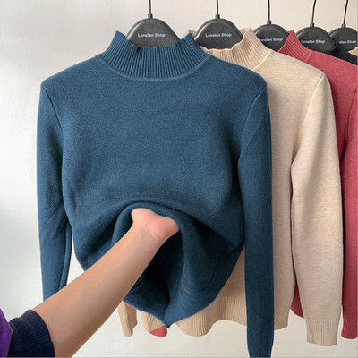 Naiste kampsun, uus fliisist poolkilpkaelusega kaelusega särk Korea moe soe trikotaaž Topid Basic Pullover-kampsun naistele