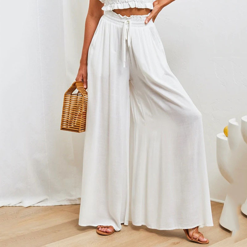 Lucyever ženske jednobojne ležerne hlače s elastičnim visokim strukom širokih nogavica Ženske ljetne 2023. Udobne široke hlače na vezanje