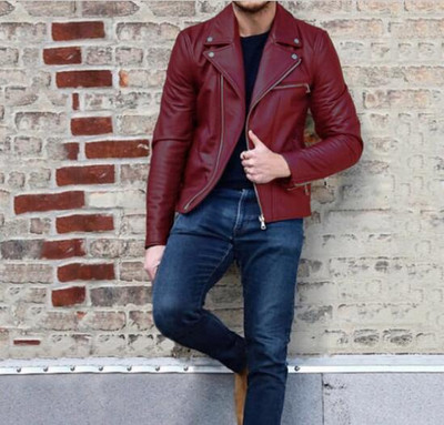 Decorație cu lanț roșu Jachetă din piele pentru motocicletă Bomber pentru bărbați, toamnă, guler răsucit, paltoane din piele pentru bărbați, S-5XL