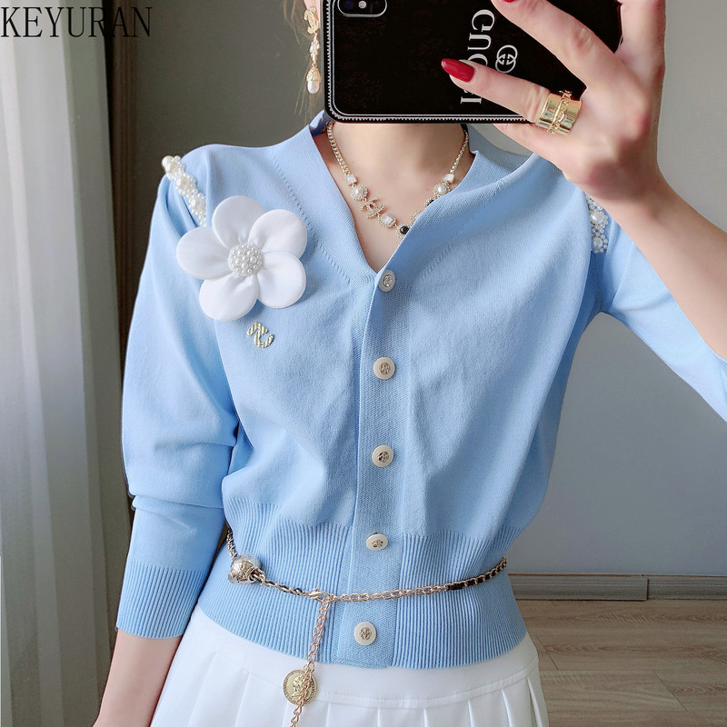 Novi jesenski 2022. pleteni pulover kardigani, ženski kardigan s V-izrezom, jednoredno kopčanje, s perlama i cvjetovima, ružičasti skraćeni kardigan Mujer