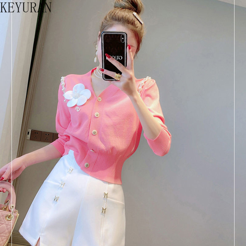 Novi jesenski 2022. pleteni pulover kardigani, ženski kardigan s V-izrezom, jednoredno kopčanje, s perlama i cvjetovima, ružičasti skraćeni kardigan Mujer