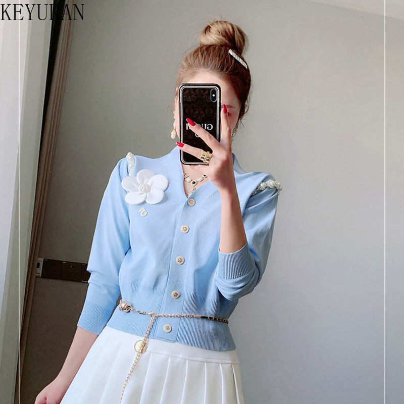 Novi jesenski 2022. pleteni pulover kardigani, ženski kardigan s V-izrezom, jednoredno kopčanje, s perlama i cvjetovima, ružičasti skraćeni kardigan Mujer