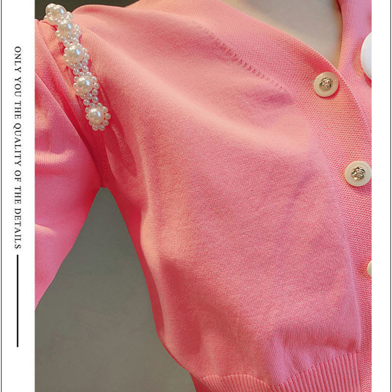 Novi jesenski 2022. pleteni pulover kardigani, ženski kardigan s V-izrezom, jednoredno kopčanje, s perlama i cvjetovima, ružičasti skraćeni kardigan Mujer