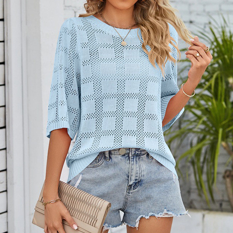 Ženska odjeća, trendi ljeto 2023., seksi jednobojna pletena odjeća s pola rukava, ležerna ulična odjeća s okruglim izrezom, široki pulover, pletene majice