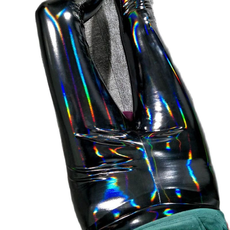 Gothic Pu Holographic Laser Streetwear Uska odjeća s visokim strukom Noćni klub Festivalska odjeća Ženske hlače Skraćene hlače