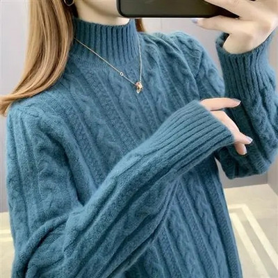 Moteriškas megztinis su briaunomis ruduoliu, žieminis, storas megztinis laisvas laisvalaikis ilgomis rankovėmis, šiltas megztinis su minkštu dugnu