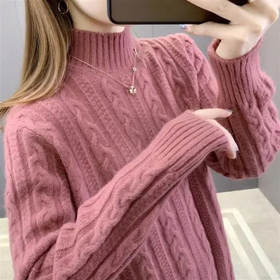 Moteriškas megztinis su briaunomis ruduoliu, žieminis, storas megztinis laisvas laisvalaikis ilgomis rankovėmis, šiltas megztinis su minkštu dugnu