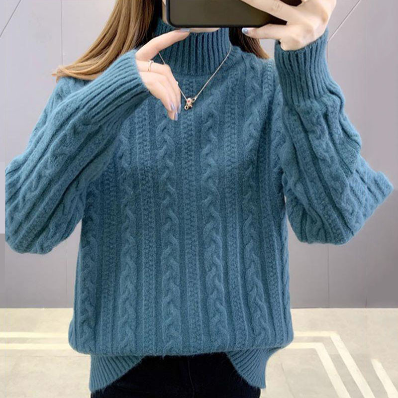 Moteriškas megztinis su briaunomis ruduoliu, žieminis, storas megztinis laisvas laisvalaikis ilgomis rankovėmis, šiltas megztinis su minkštu dugnu