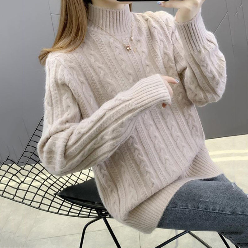 Moteriškas megztinis su briaunomis ruduoliu, žieminis, storas megztinis laisvas laisvalaikis ilgomis rankovėmis, šiltas megztinis su minkštu dugnu