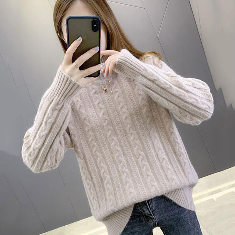 Moteriškas megztinis su briaunomis ruduoliu, žieminis, storas megztinis laisvas laisvalaikis ilgomis rankovėmis, šiltas megztinis su minkštu dugnu