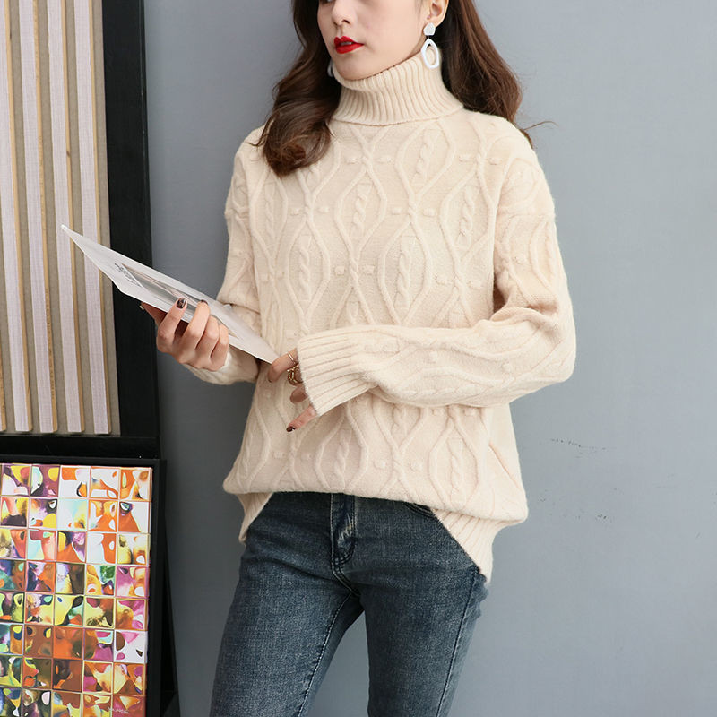 Γυναικεία πλεκτά μπλουζάκια με χοντρά ζιβάγκο Κορεάτικο casual χαλαρό ζεστό πουλόβερ με ζιβάγκο Μαλακό πλεκτό πουλόβερ με κάτω πάτο Νέο