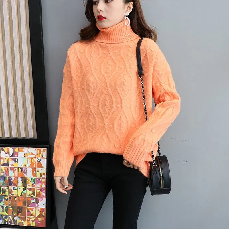 Γυναικεία πλεκτά μπλουζάκια με χοντρά ζιβάγκο Κορεάτικο casual χαλαρό ζεστό πουλόβερ με ζιβάγκο Μαλακό πλεκτό πουλόβερ με κάτω πάτο Νέο