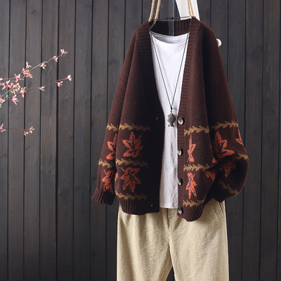 Retro pleteni kardigan s v-izrezom i javorovim lišćem 2023, proljeće i jesen, novi široki modni džemper jakna, ženski kardigan s gumbima