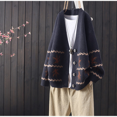 Retro pleteni kardigan s v-izrezom i javorovim lišćem 2023, proljeće i jesen, novi široki modni džemper jakna, ženski kardigan s gumbima