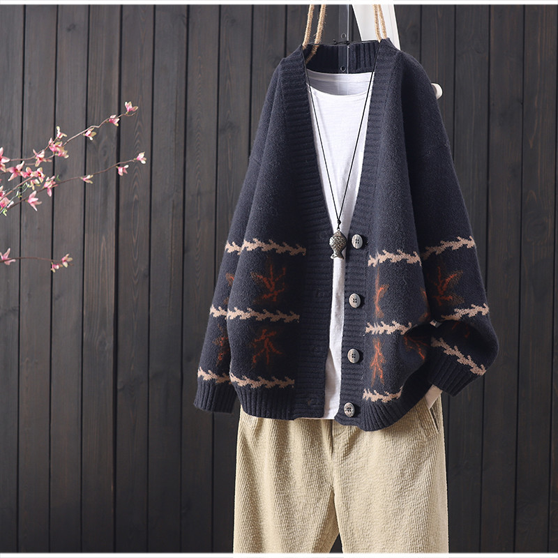 Retro pleteni kardigan s v-izrezom i javorovim lišćem 2023, proljeće i jesen, novi široki modni džemper jakna, ženski kardigan s gumbima