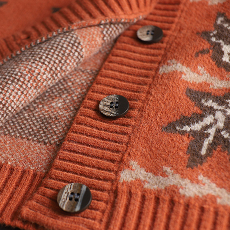 Retro pleteni kardigan s v-izrezom i javorovim lišćem 2023, proljeće i jesen, novi široki modni džemper jakna, ženski kardigan s gumbima