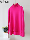 Ružičasto crvena zimska ženska pletena dolčevita Top Basic Oversize vrećasti pulover Ženski mekani debeli topli pulover s prorezom sa strane Novo