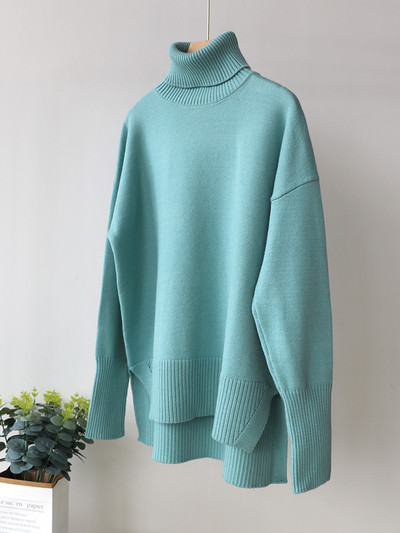 Ružičasto crvena zimska ženska pletena dolčevita Top Basic Oversize vrećasti pulover Ženski mekani debeli topli pulover s prorezom sa strane Novo