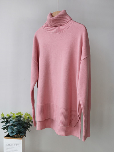 Ružičasto crvena zimska ženska pletena dolčevita Top Basic Oversize vrećasti pulover Ženski mekani debeli topli pulover s prorezom sa strane Novo