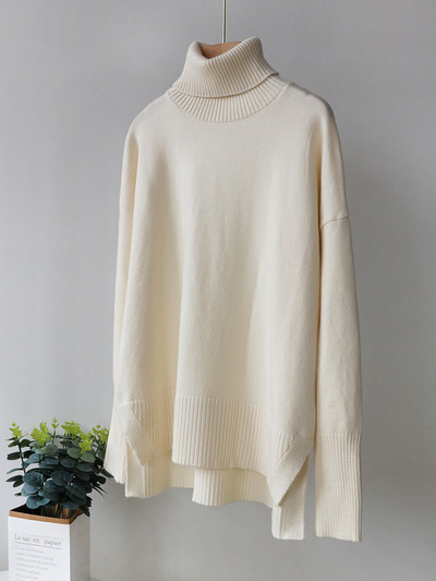 Ružičasto crvena zimska ženska pletena dolčevita Top Basic Oversize vrećasti pulover Ženski mekani debeli topli pulover s prorezom sa strane Novo