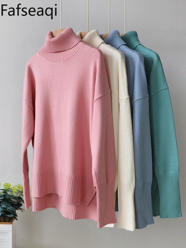 Ružičasto crvena zimska ženska pletena dolčevita Top Basic Oversize vrećasti pulover Ženski mekani debeli topli pulover s prorezom sa strane Novo
