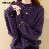 Φθινοπωρινό χειμερινό μισό ψηλό γιακά με χάντρες πούλιες Χαλαρά casual γυναικεία πουλόβερ πουλόβερ πλέξιμο παντός αγώνα Κορυφαίο γυναικείο πουλόβερ μόδας