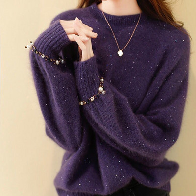 Φθινοπωρινό χειμερινό μισό ψηλό γιακά με χάντρες πούλιες Χαλαρά casual γυναικεία πουλόβερ πουλόβερ πλέξιμο παντός αγώνα Κορυφαίο γυναικείο πουλόβερ μόδας