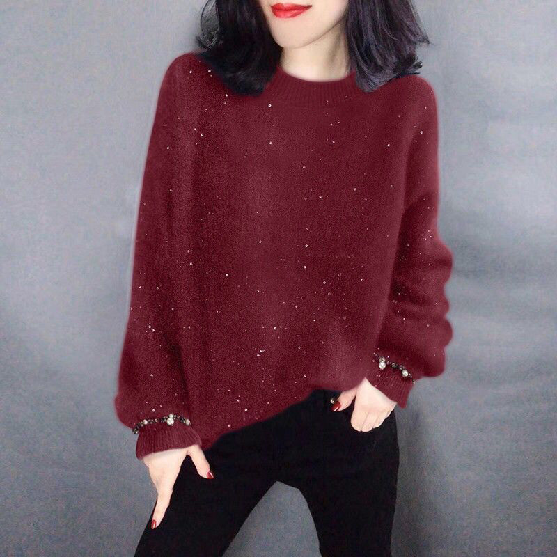 Φθινοπωρινό χειμερινό μισό ψηλό γιακά με χάντρες πούλιες Χαλαρά casual γυναικεία πουλόβερ πουλόβερ πλέξιμο παντός αγώνα Κορυφαίο γυναικείο πουλόβερ μόδας