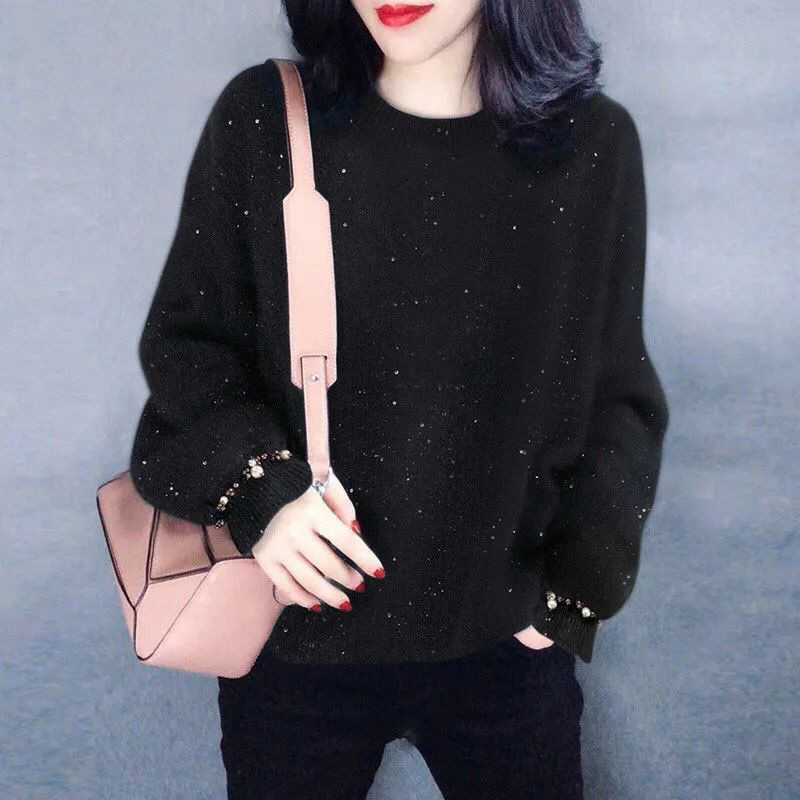 Φθινοπωρινό χειμερινό μισό ψηλό γιακά με χάντρες πούλιες Χαλαρά casual γυναικεία πουλόβερ πουλόβερ πλέξιμο παντός αγώνα Κορυφαίο γυναικείο πουλόβερ μόδας