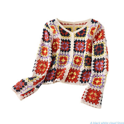 Pulover tricot de primăvară, toamnă, cardigan pentru femei, cu mânecă lungă, cu nasturi, croșetat, cu model geometric, colorat