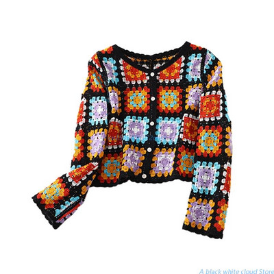 Pulover tricot de primăvară, toamnă, cardigan pentru femei, cu mânecă lungă, cu nasturi, croșetat, cu model geometric, colorat